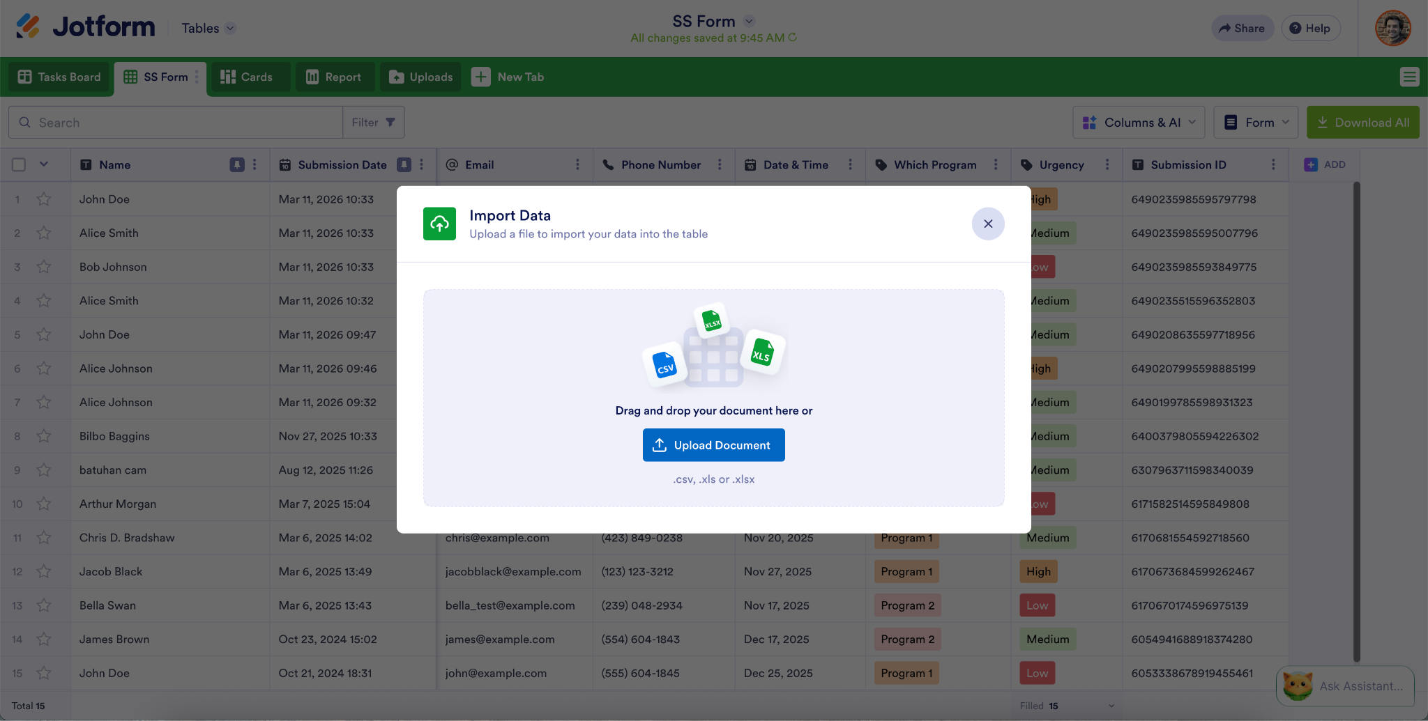 Viewing the Import Data window inside Jotform Tables