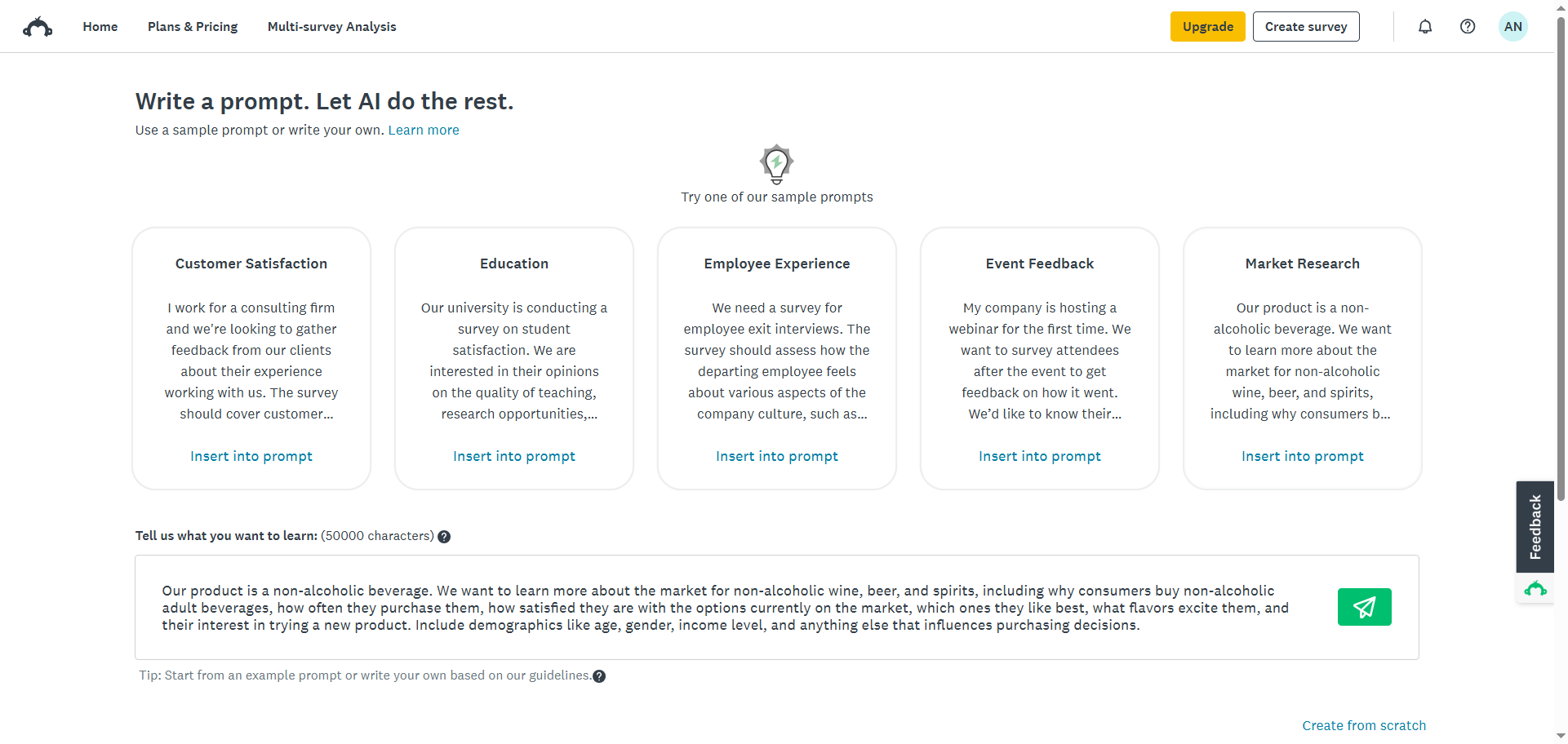 SurveyMonkey Build with AI tool Prompt Box and Sample Prompts