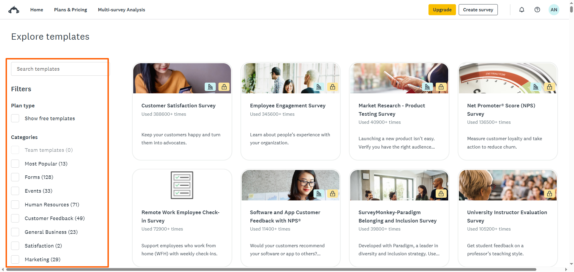 SurveyMonkey "Explore templates" page Search box, Filters and Survey categories