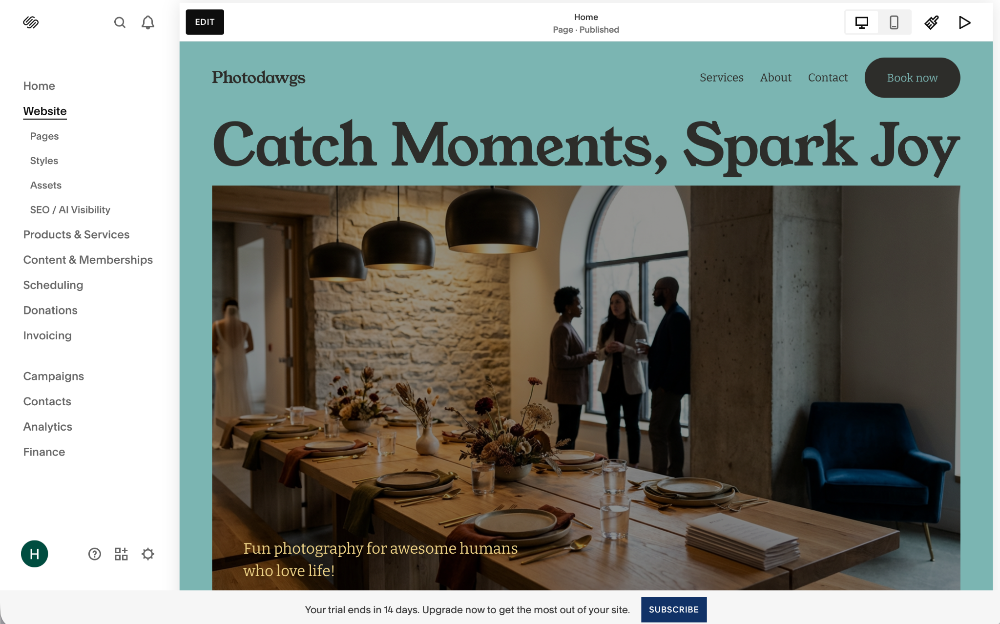 Squarespace editor displaying a photography website homepage with navigation and site management tools
