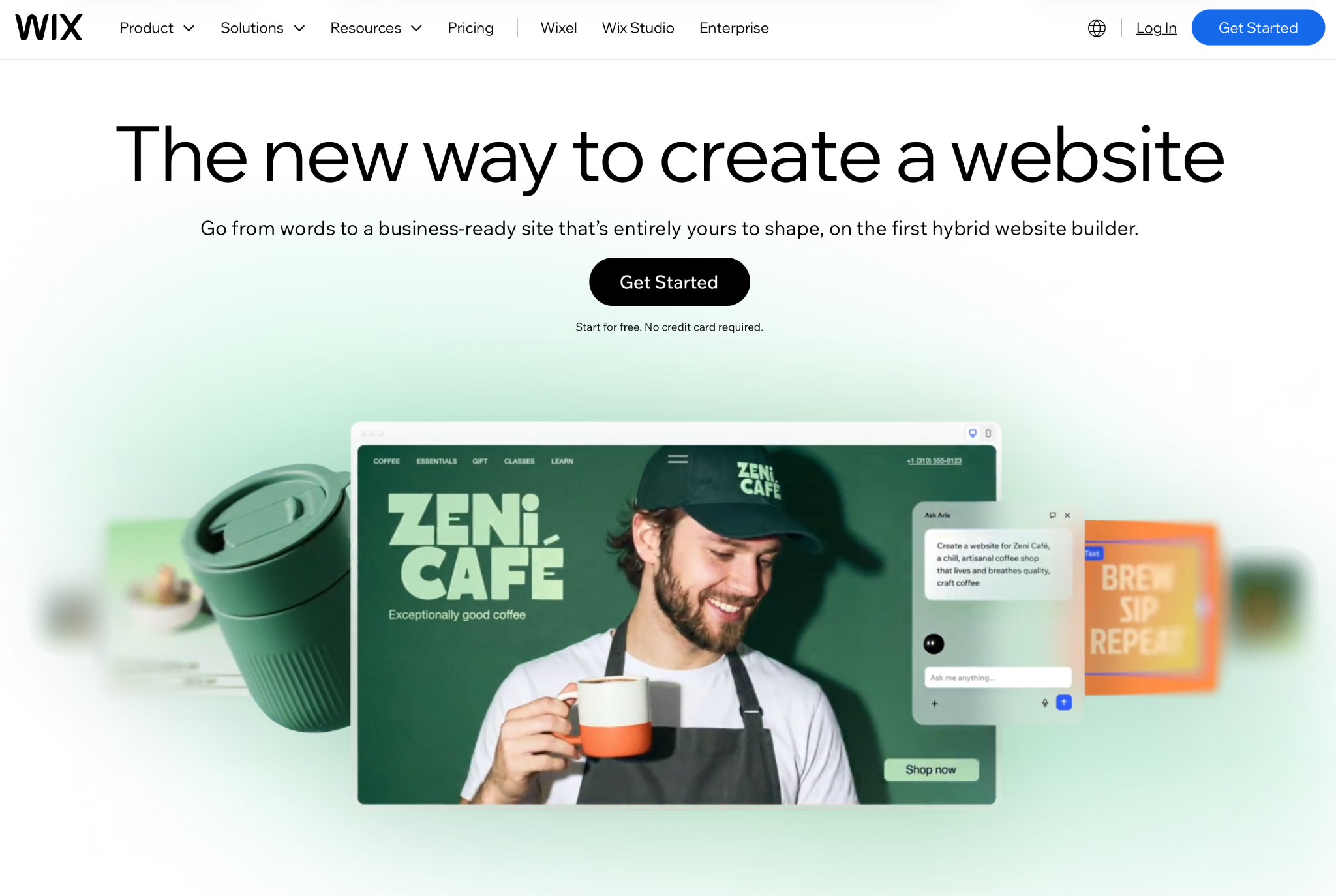 Wix homepage featuring its AI website builder and a café website example