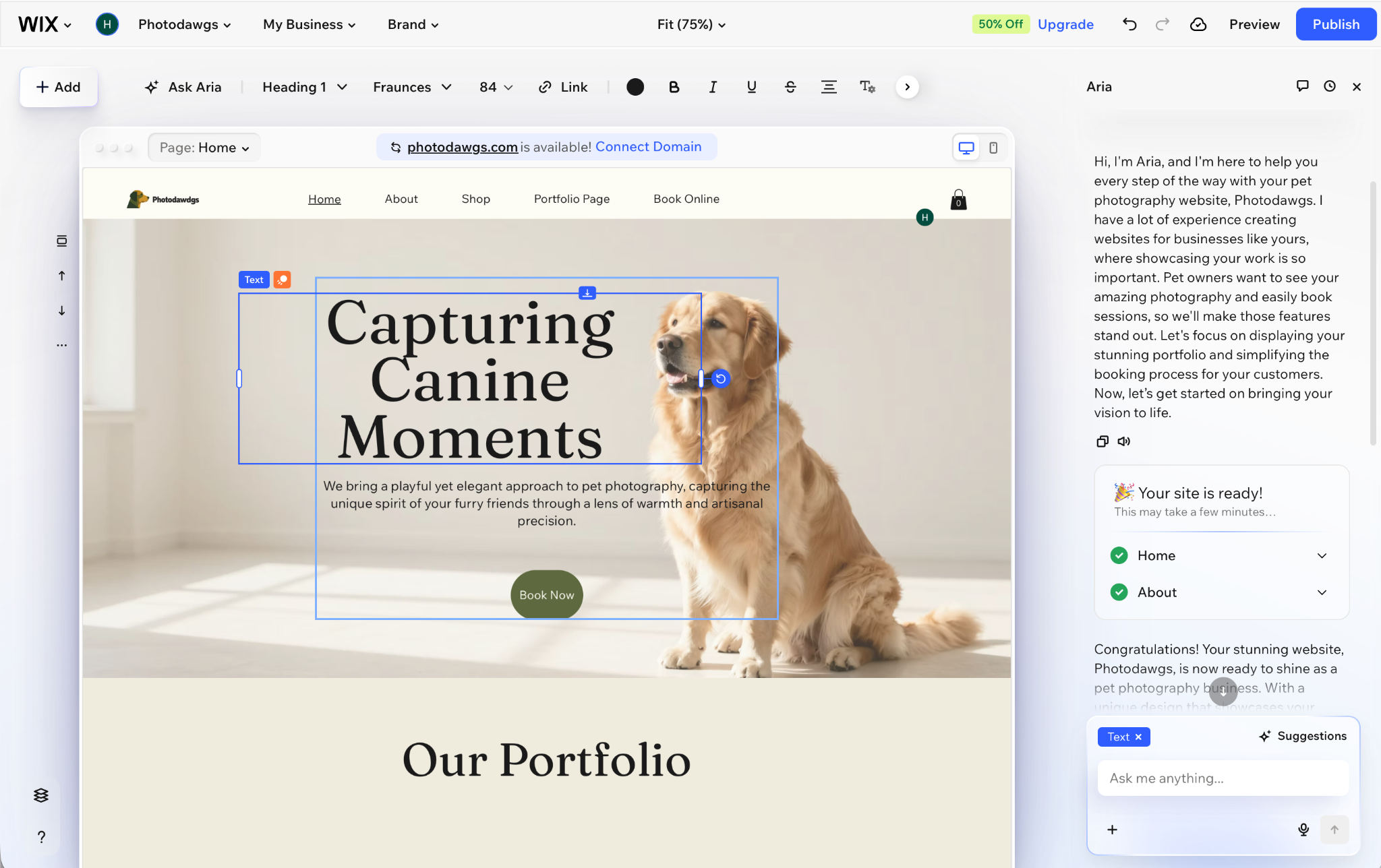 Wix editor customizing a dog photography website with an AI assistant panel