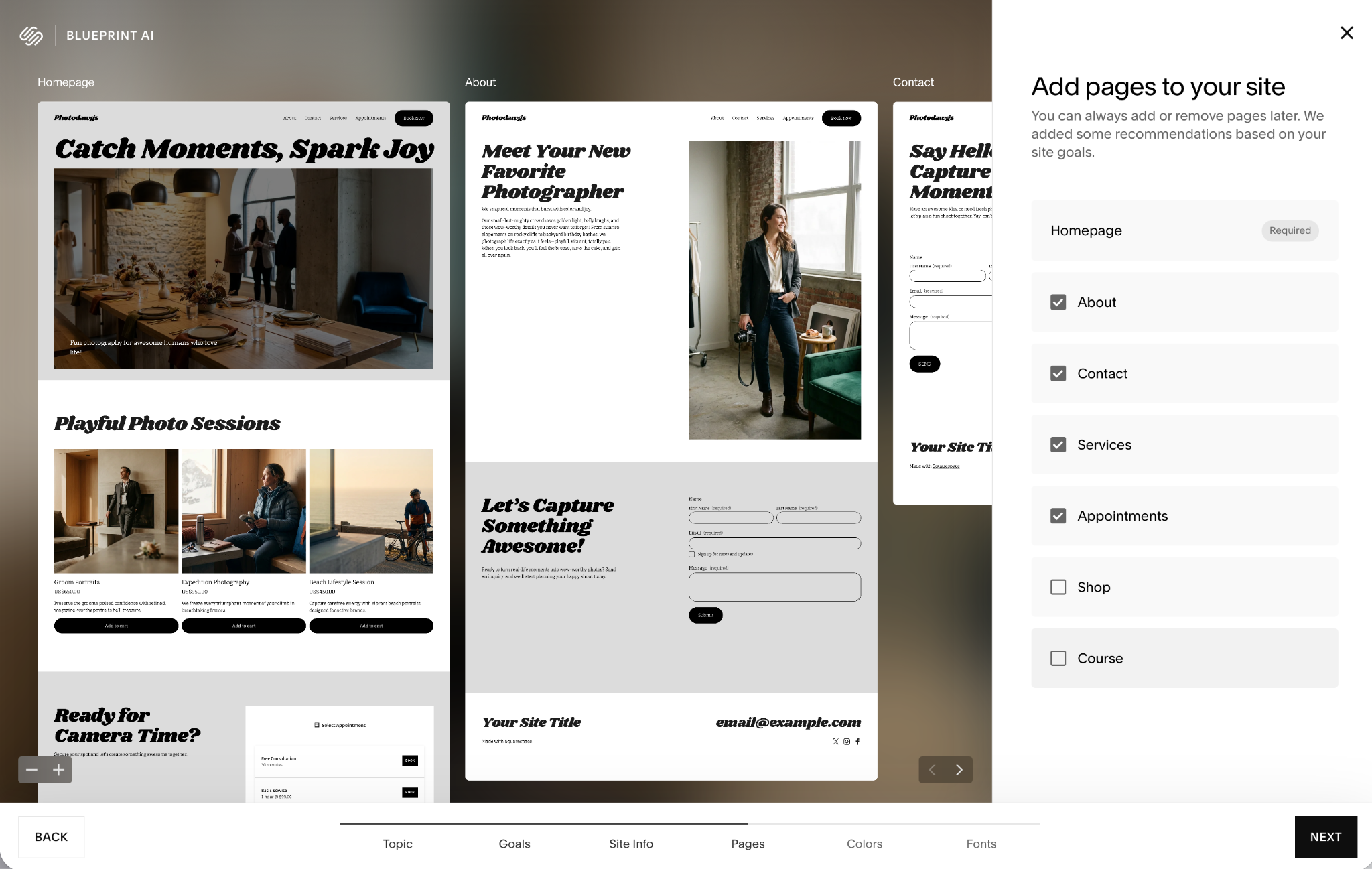 Squarespace Blueprint AI setup screen for selecting pages and customizing a photography website