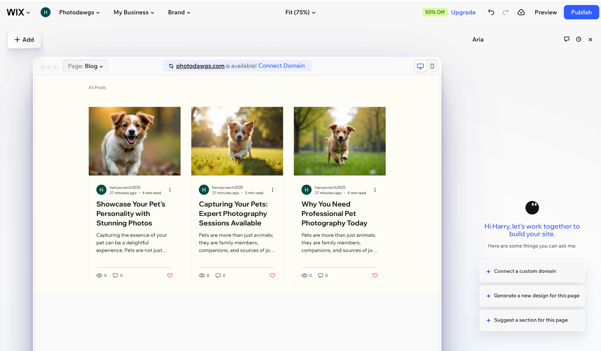 Wix editor displaying a pet photography blog with three published article cards and an AI assistant panel