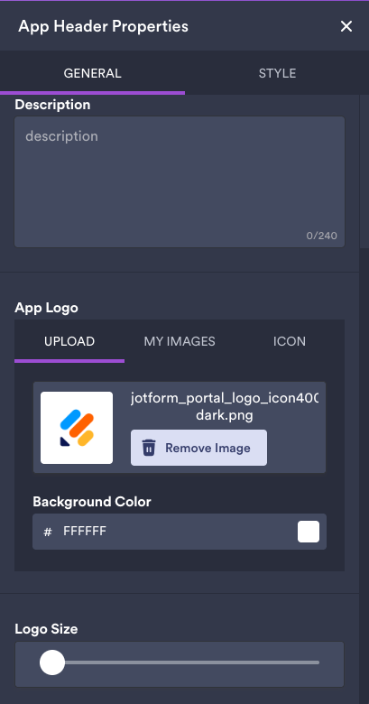 Viewing the App Header Properties panel