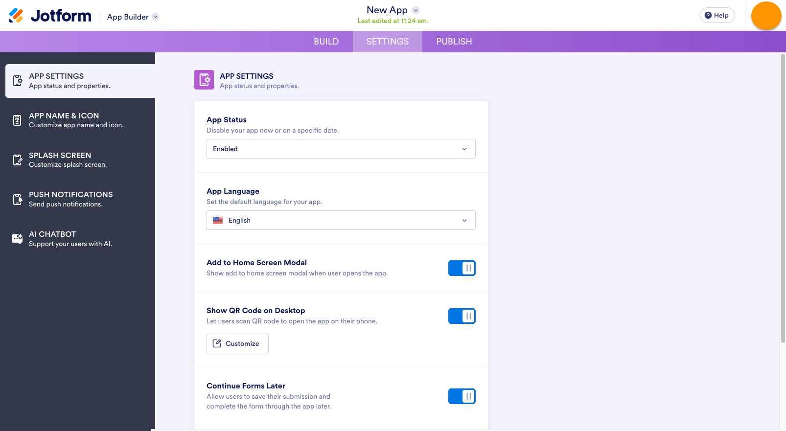 Clicking on the Settings tab on the top, and then clicking on the App Settings option on the right