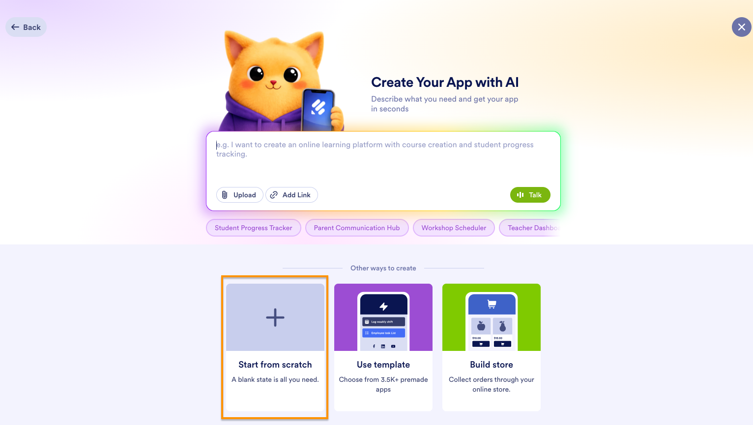 Clicking on the Start from scratch option on the Jotform Workspace page