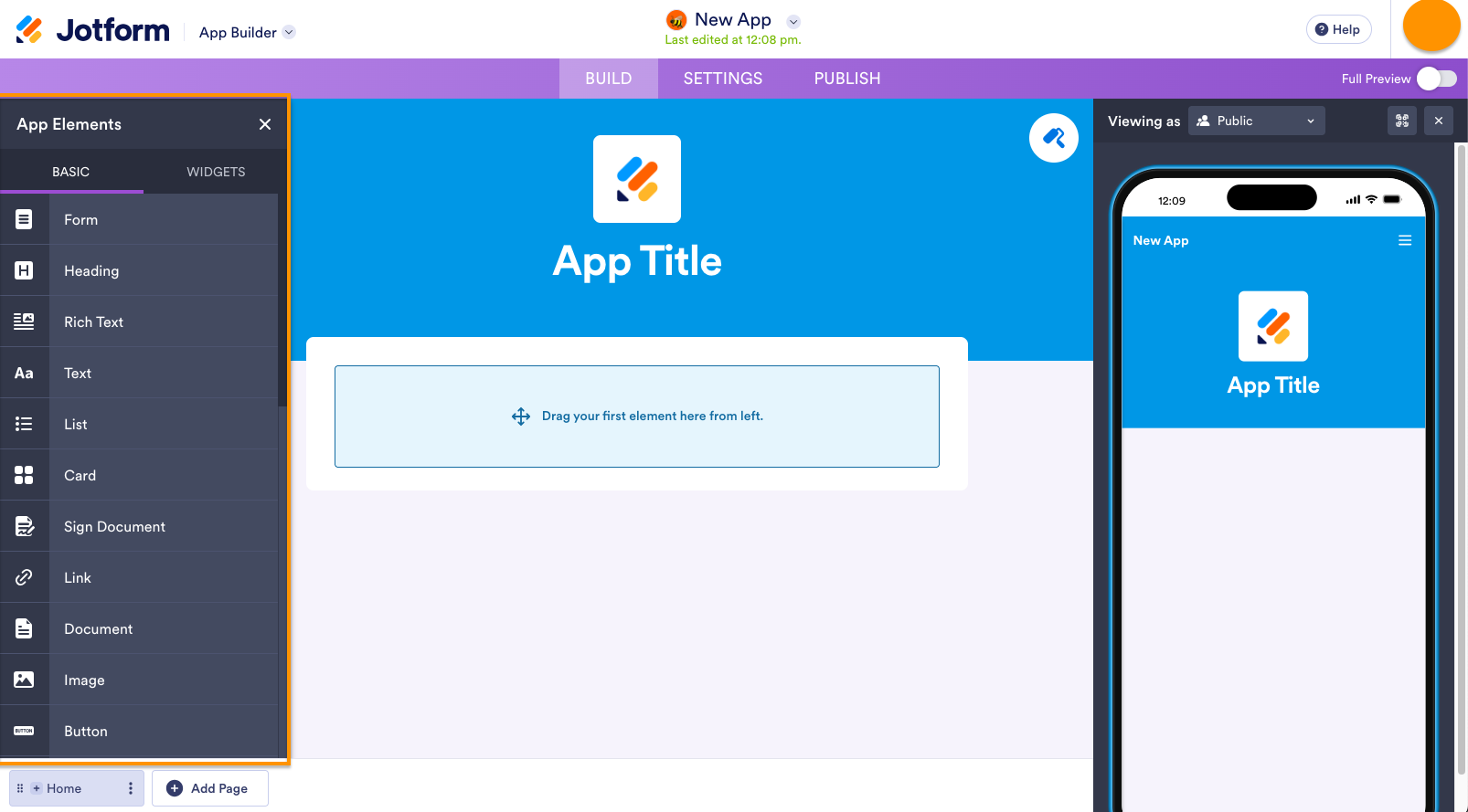 Highlighting the App Elements panel on the Jotform App Builder