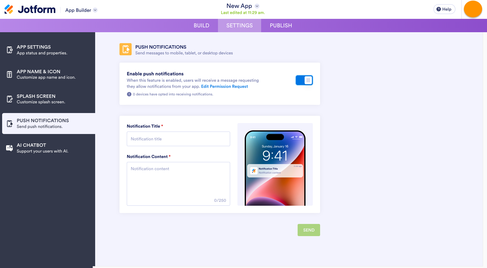 Viewing the Push notifications page under the Settings tab