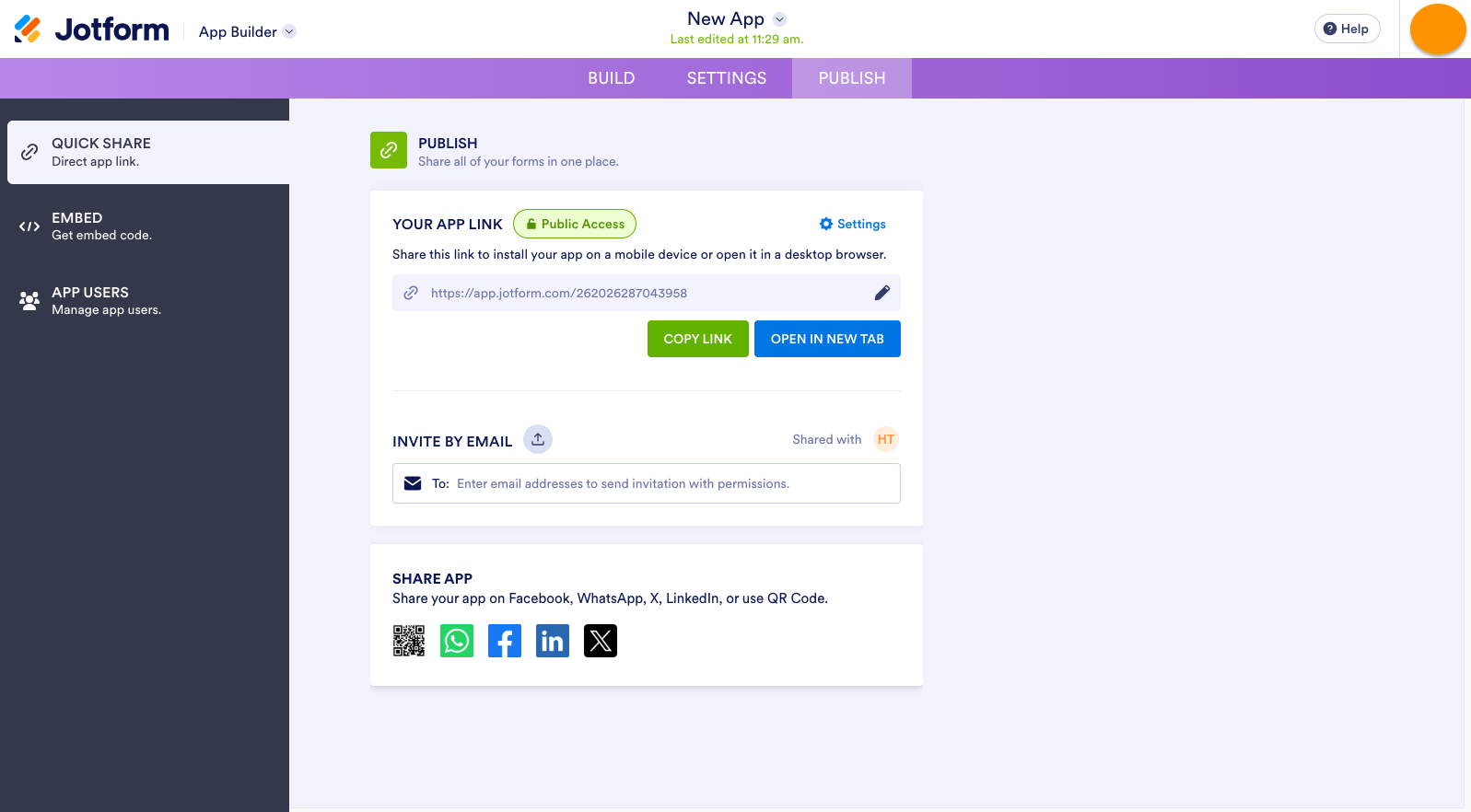 Viewing the Quick Share page under the Publish tab