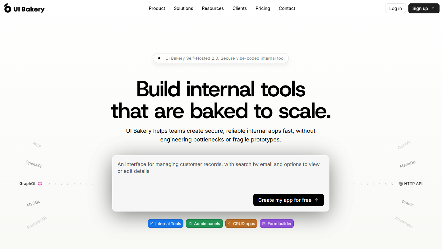 Screenshot of the UI Bakery landing page, showing a headline "Build internal tools that are baked to scale