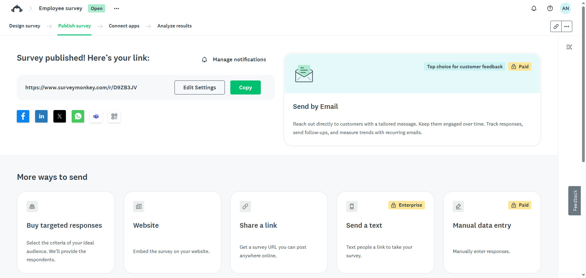 SurveyMonkey "Survey published" Page