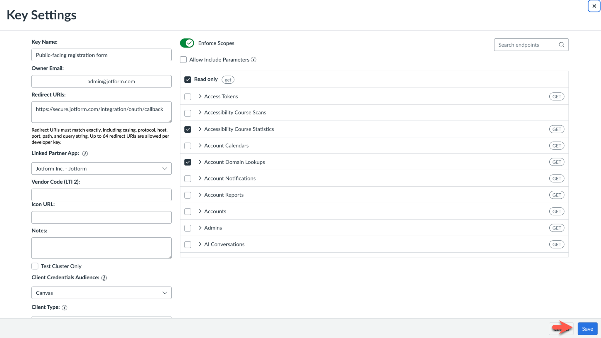 Viewing the Key Settings page and clicking on the Save button