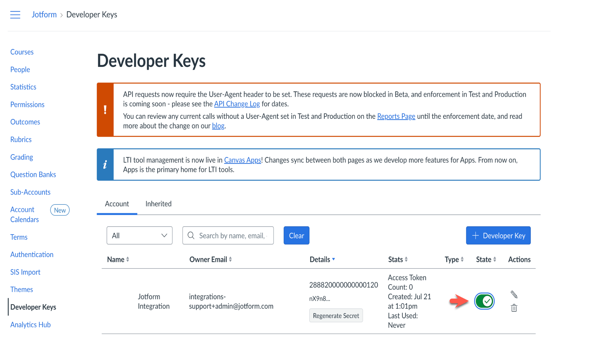 Toggling the Regenerate Secret button to On under the Developer Keys page