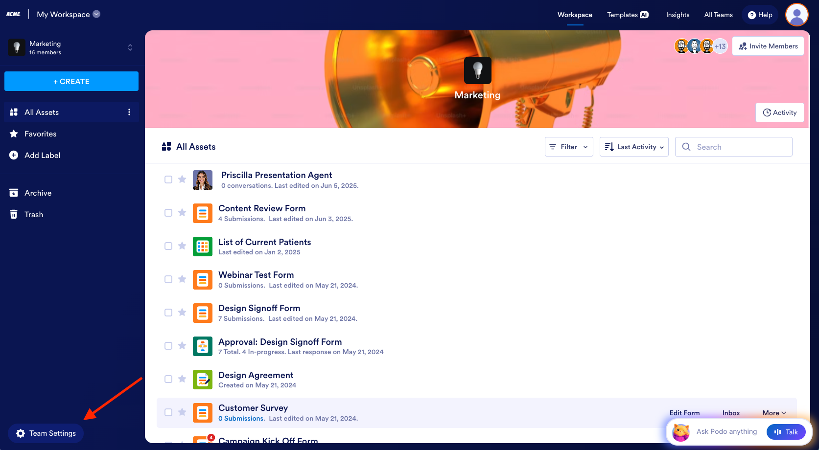 Clicking on the Team Settings button on the Team Workspace