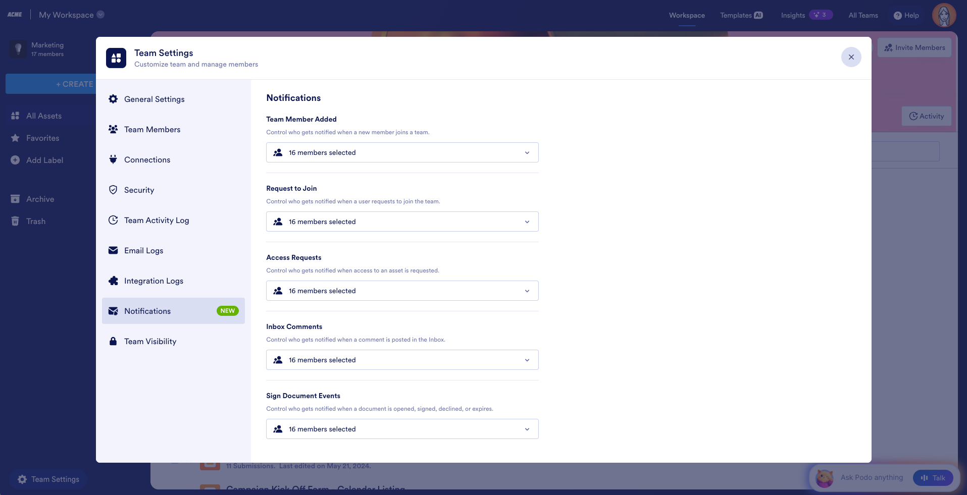 Viewing the Notifications tab in the Team Settings window