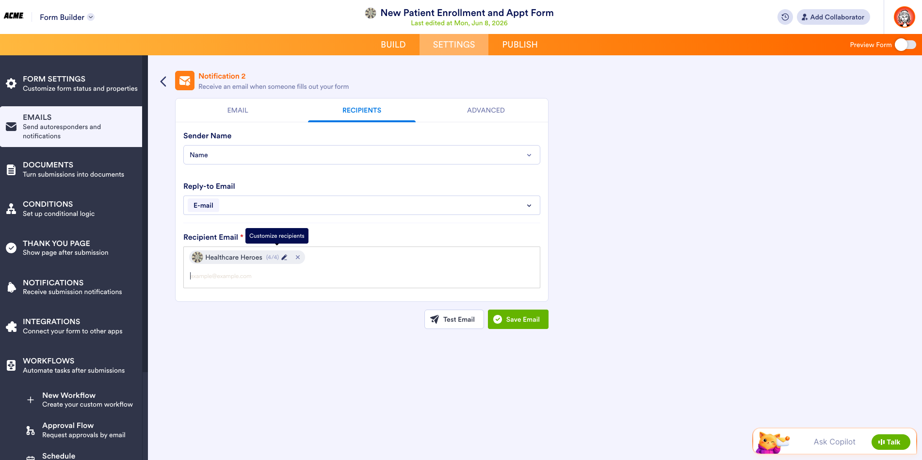 Viewing the notification email on the Form Builder