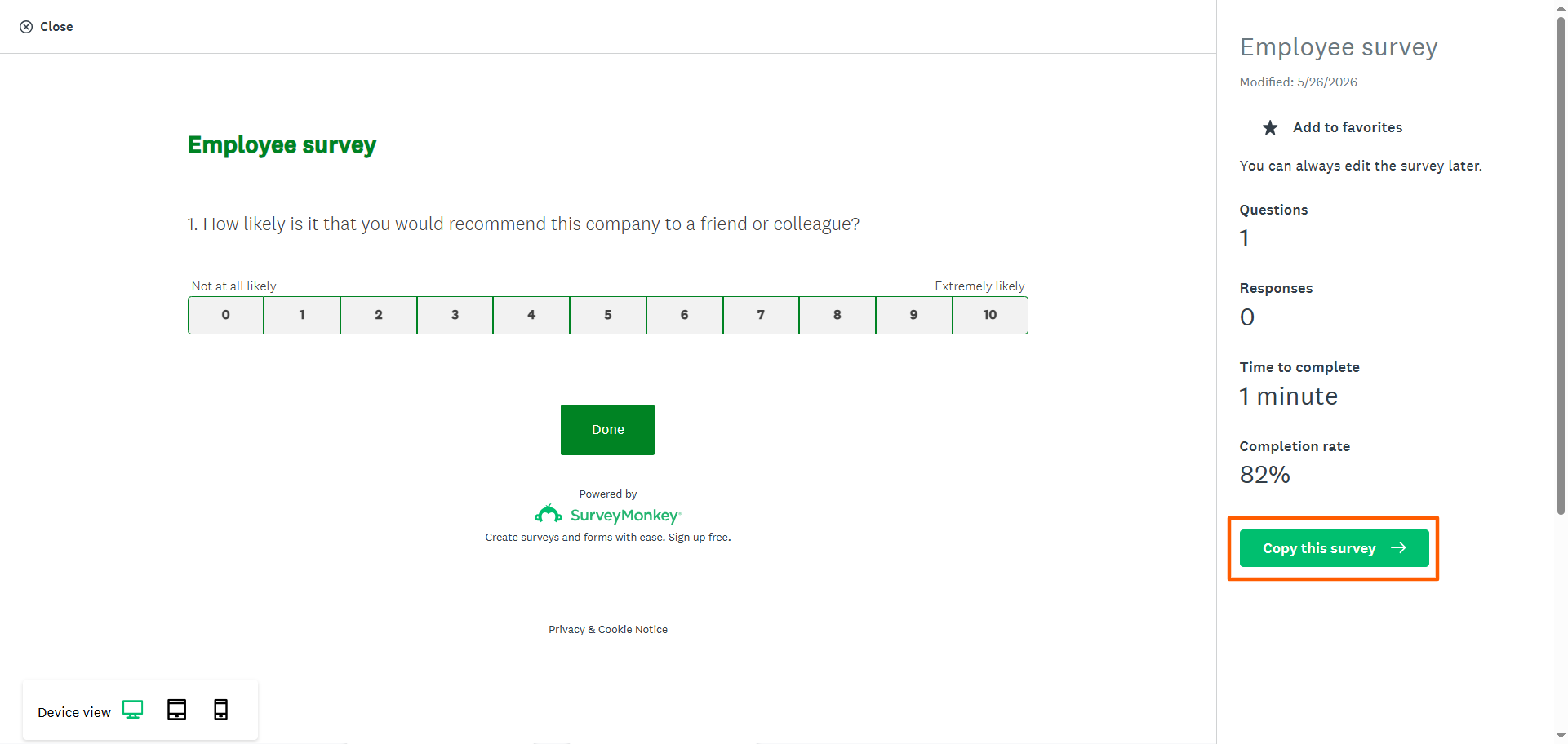 SurveyMonkey Survey preview, "Copy this survey" button