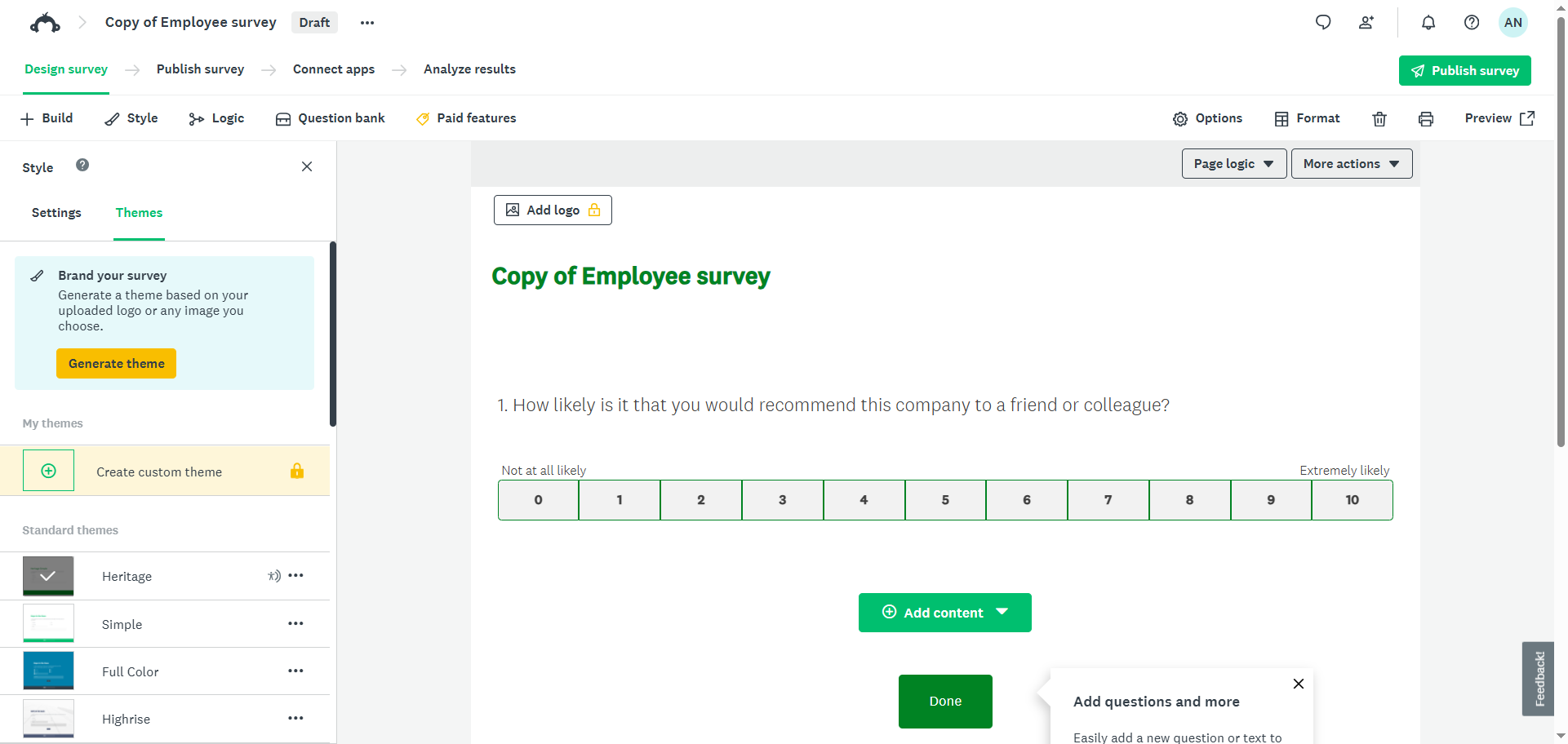 SurveyMonkey Survey Creator for copied survey