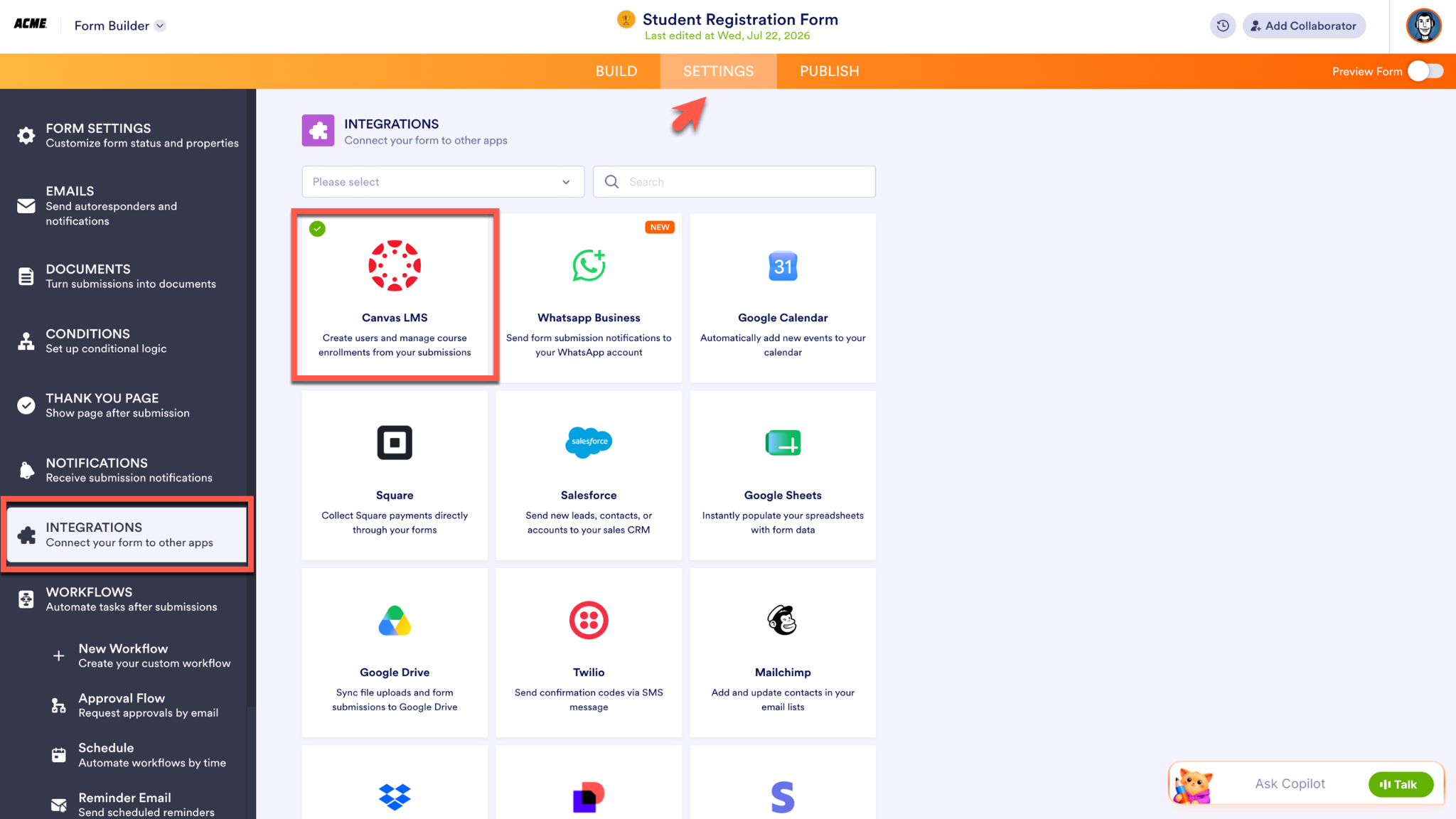 Clicking on the Canvas LMS option under the Integrations tab