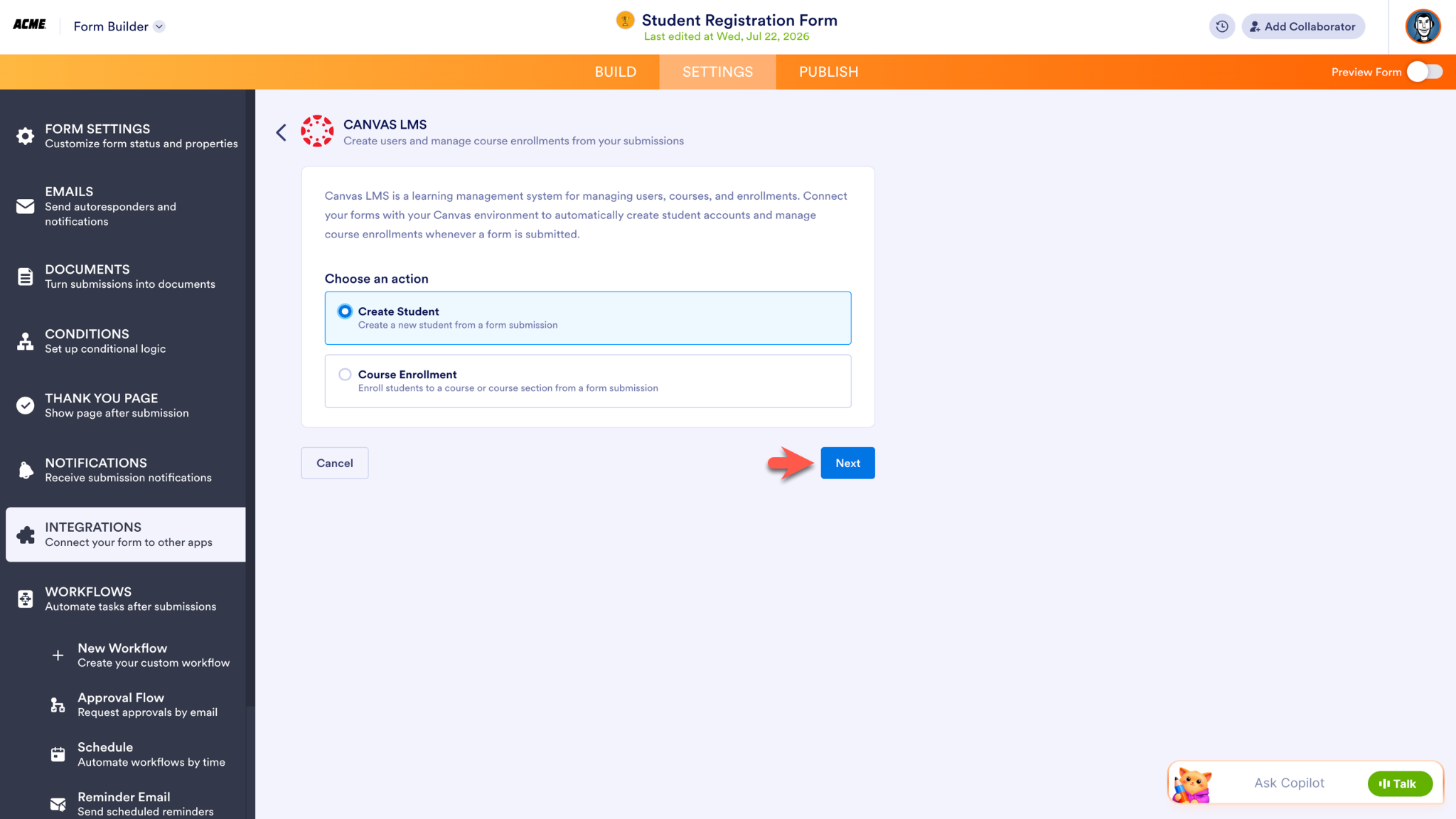 Selecting the "Create Student" option and clicking on Next
