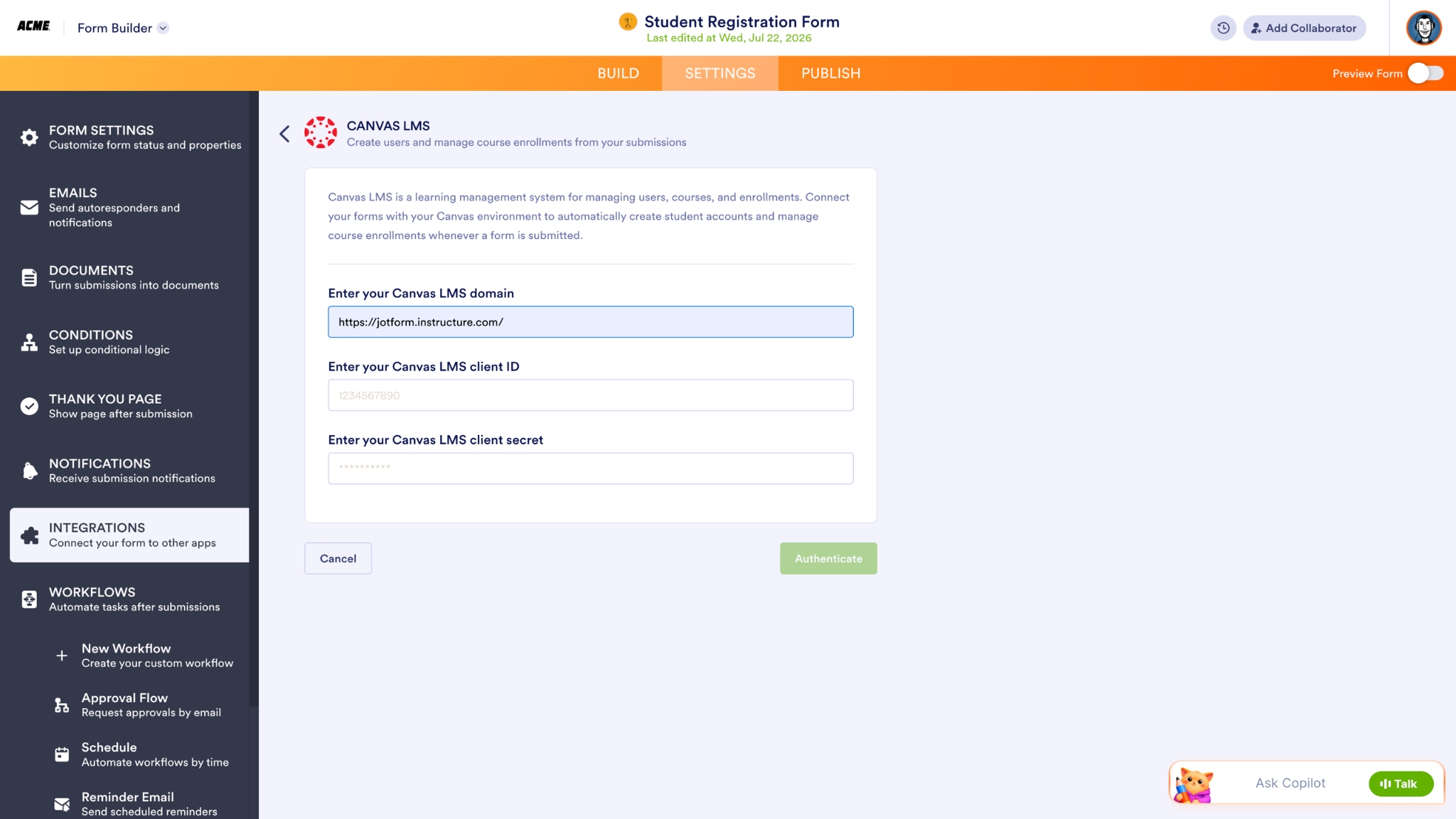 Entering the domain, client ID and LMS client secret information under the Canvas by Instructure integration page