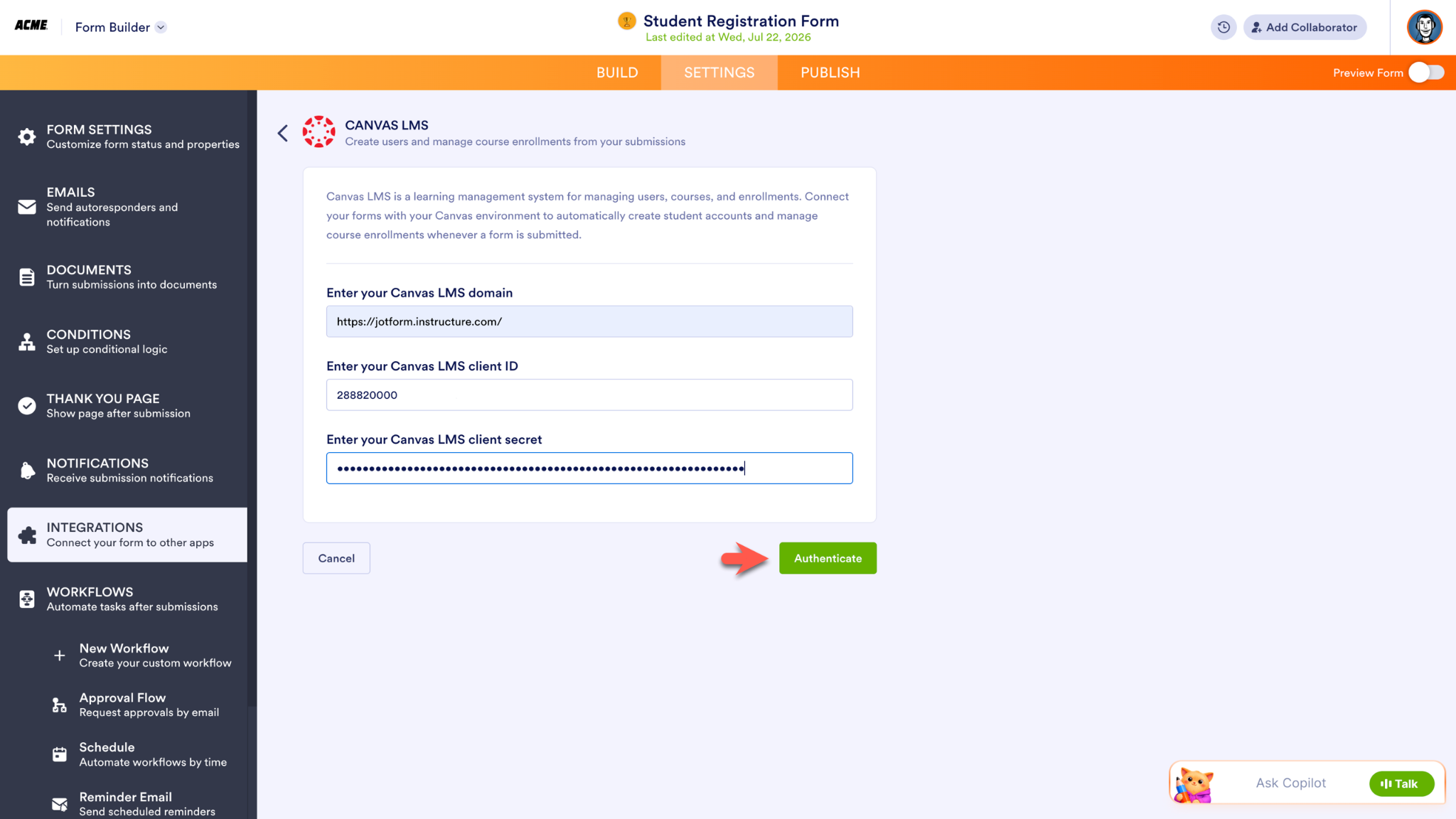 Clicking on the Authenticate button on the Canvas by Instructure page