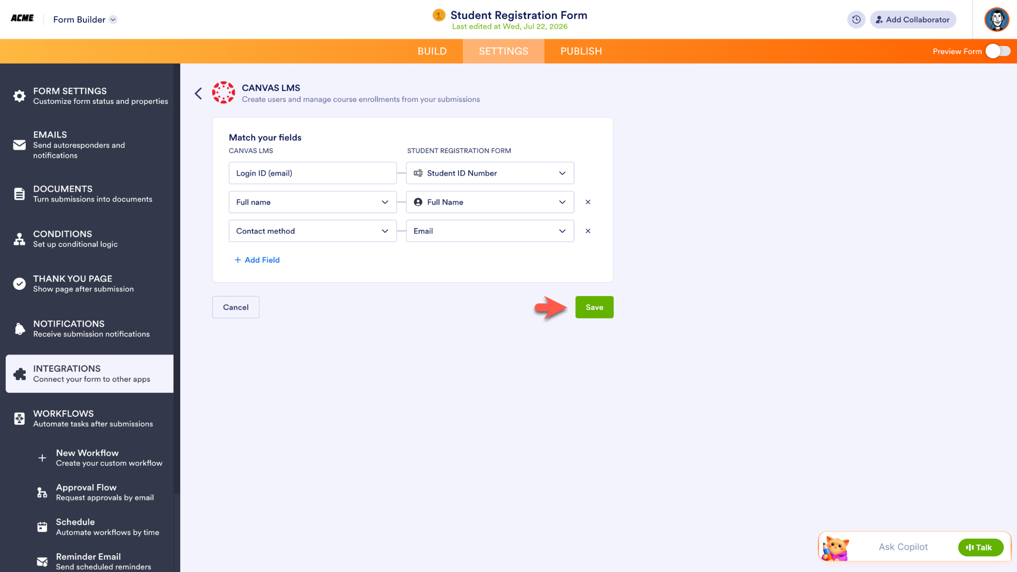 Clicking on the Save button after matching the fields on the Canvas by Instructure page