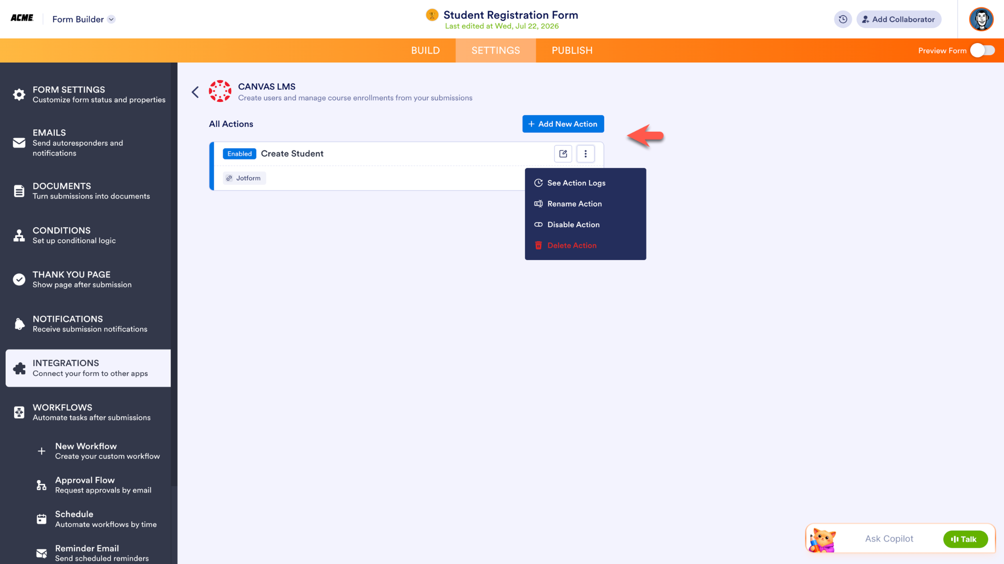 Clicking on the Add New Action button on the Integration page