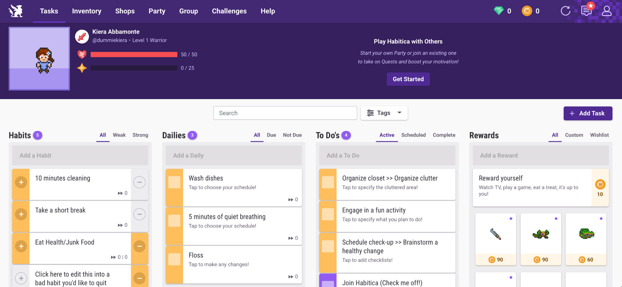 Habitica interface showing the "Habits," "Dailies," "To Dos," and "Rewards" lists