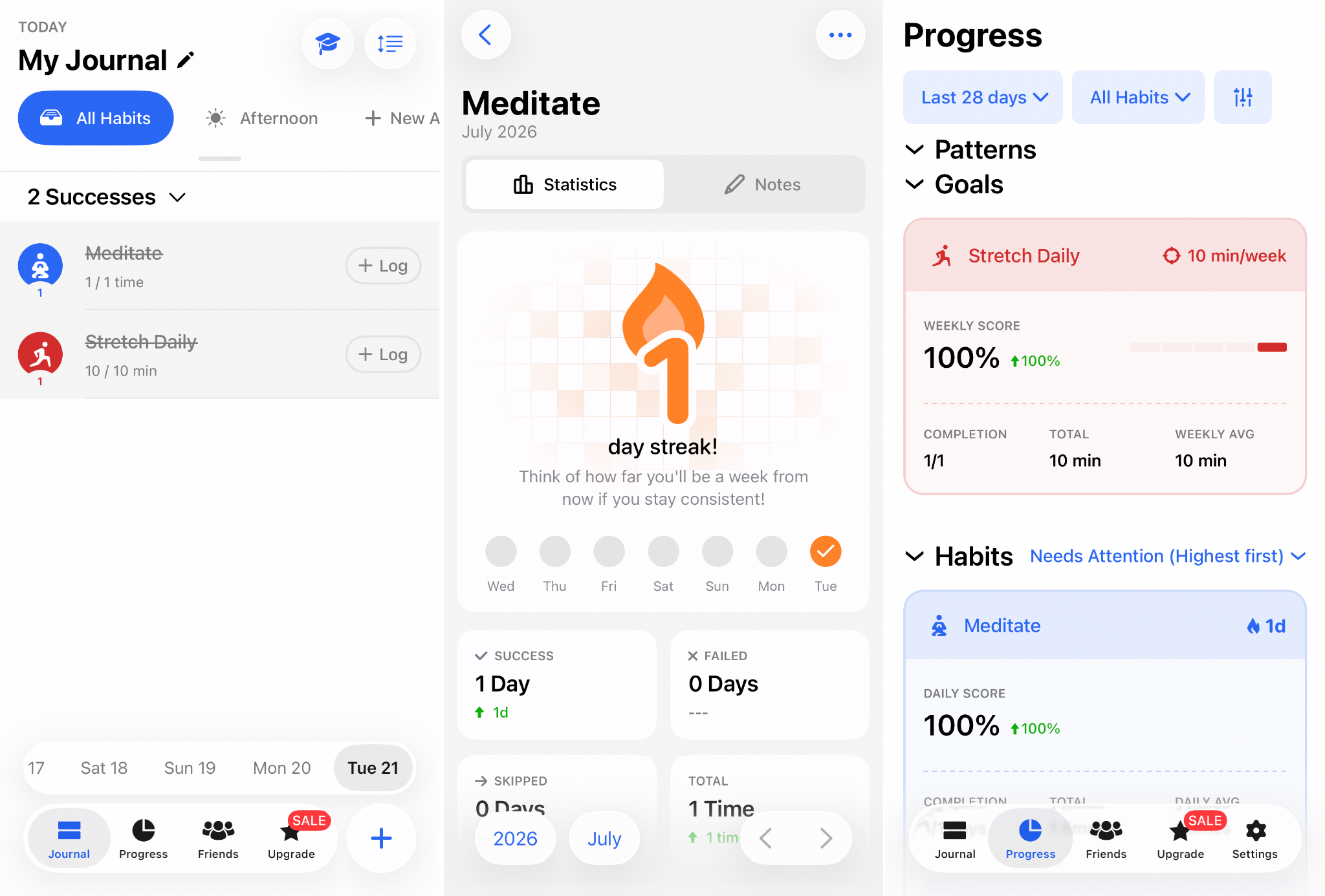 Habitify interface showing the "My Journal," "Meditate," and "Progress" screens