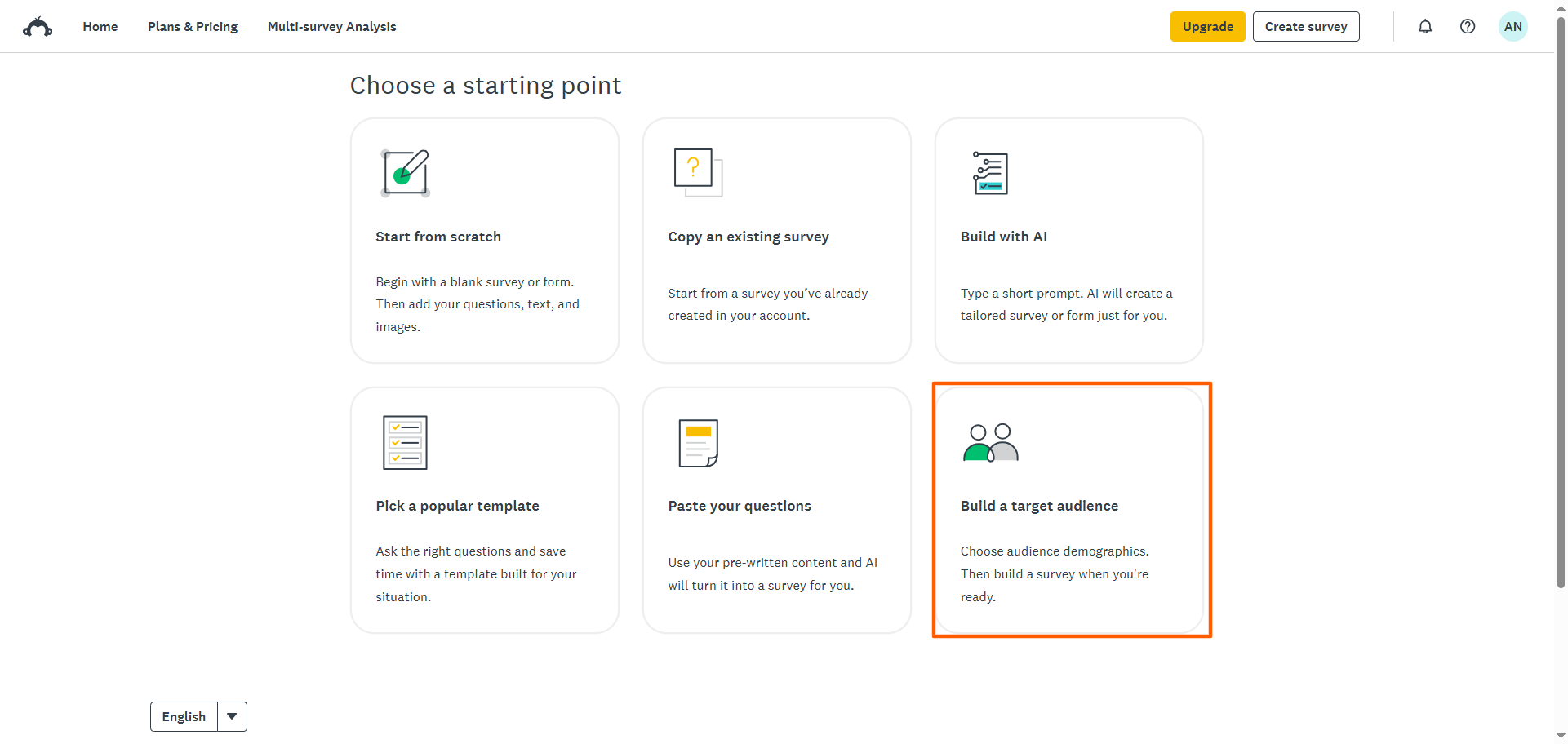 SurveyMonkey "Choose a starting point" menu "Build a target audience" Button