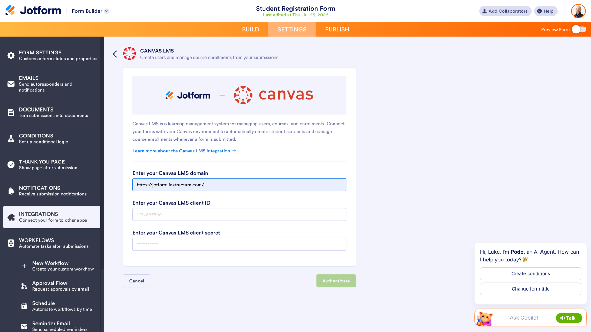 Syötetään Canvas-tilin tiedot integraatiosivulla