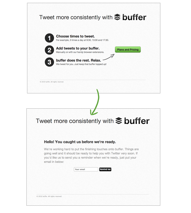 Two Buffer landing page examples showing a pricing page button leading to an email capture page