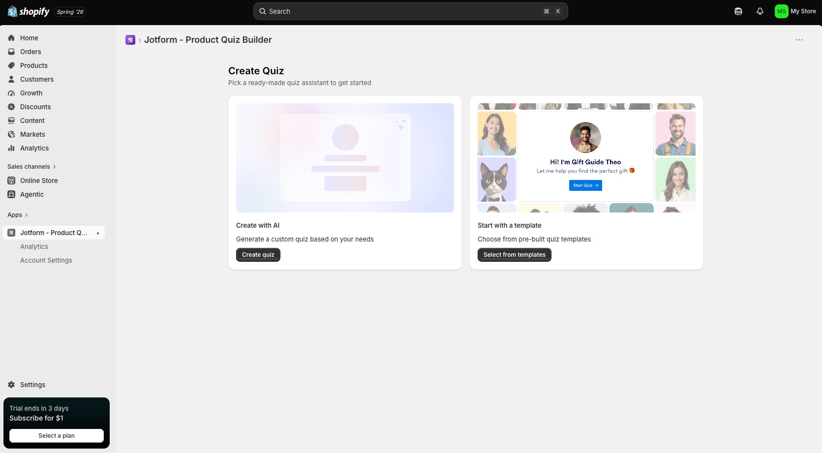 Jotform - Product Quiz Builder Create Quiz Method Selection