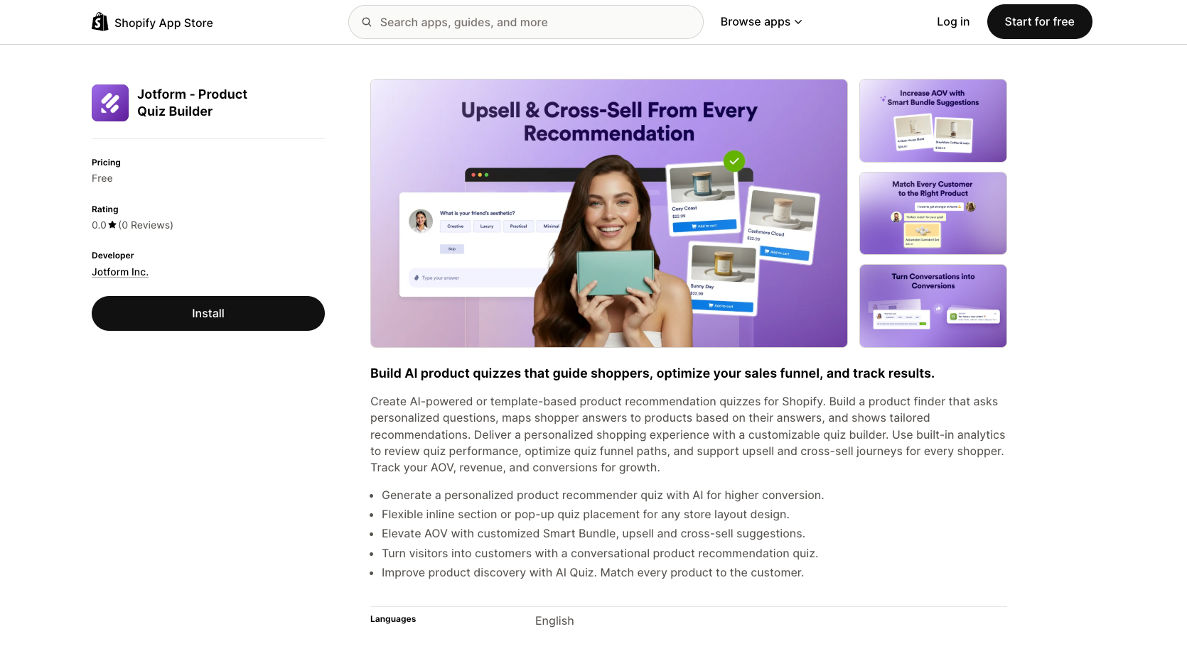 Shopify App Store Jotform- Product Quiz Builder App Listing Page