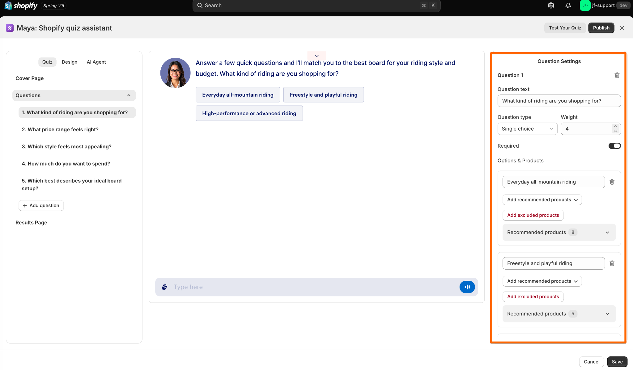 Jotform - Product Quiz Builder Question Settings Menu