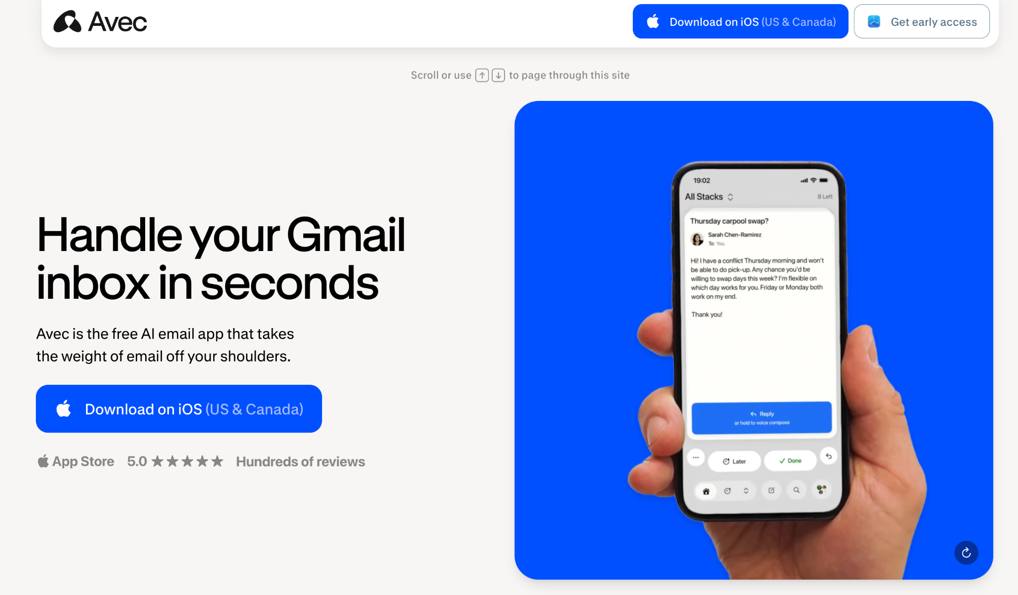 Screenshot of the Avec landing page, showing a headline "Handle your Gmail inbox in seconds"