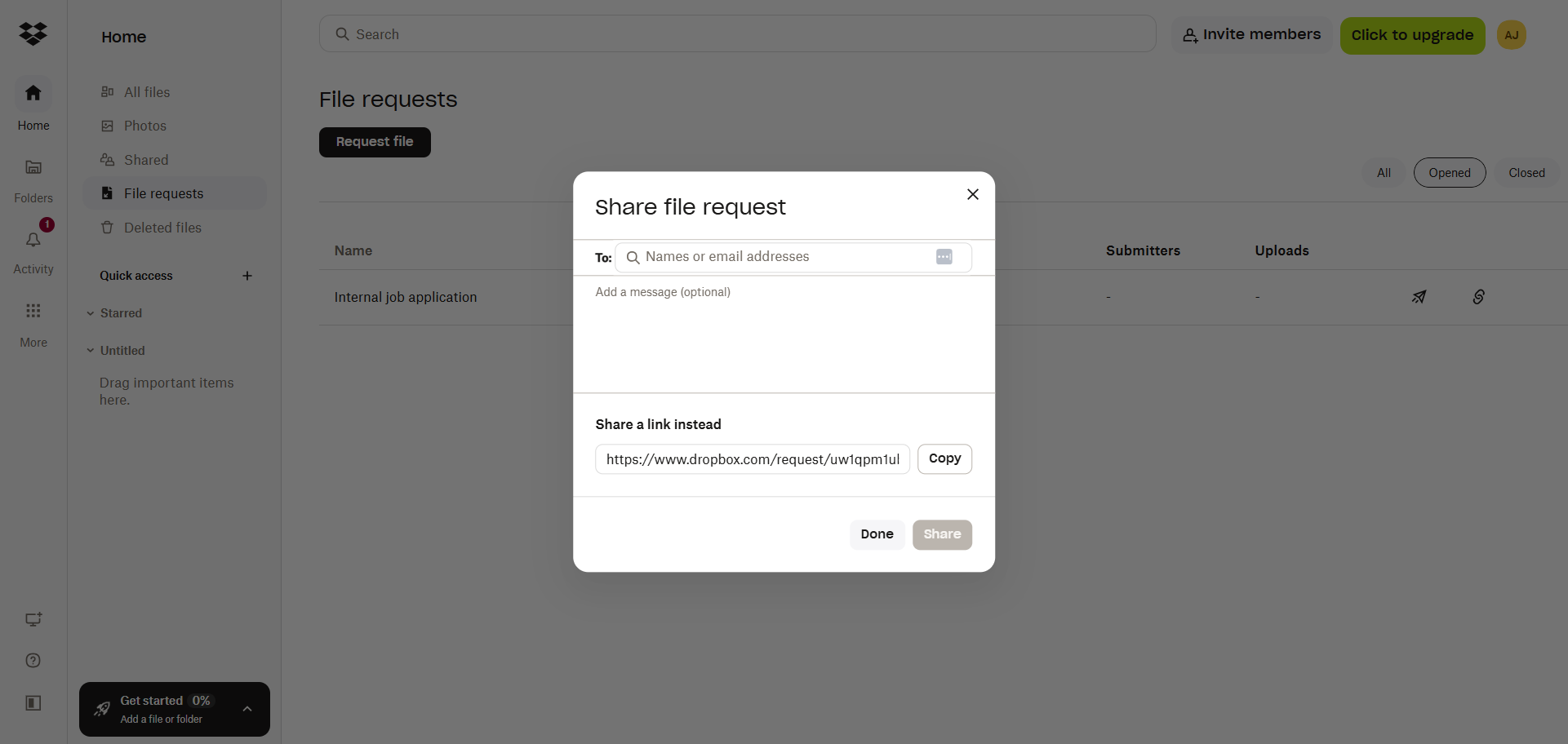 Dropbox Share file request dialog showing the recipient field and file request link options