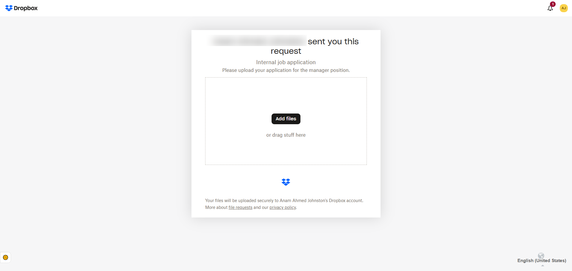 Dropbox file request upload page showing the Add files button and drag-and-drop upload area