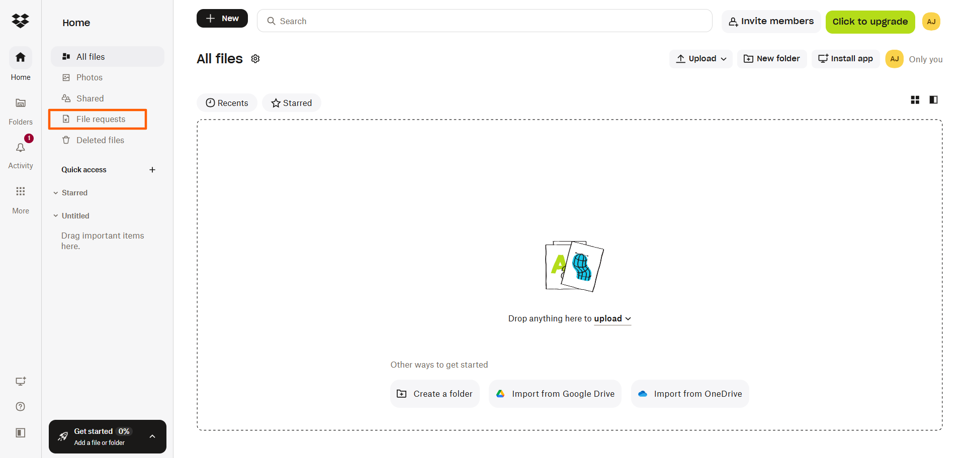 Dropbox dashboard showing the File requests option highlighted in the left-side menu