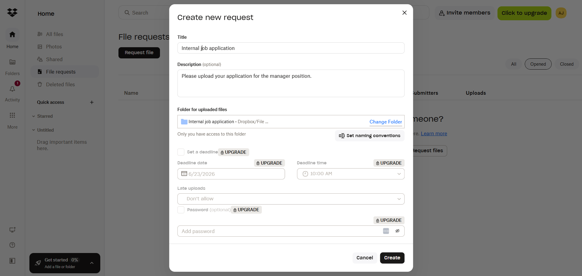 Dropbox Create new request dialog showing the title, description, folder, deadline, late upload, and password fields