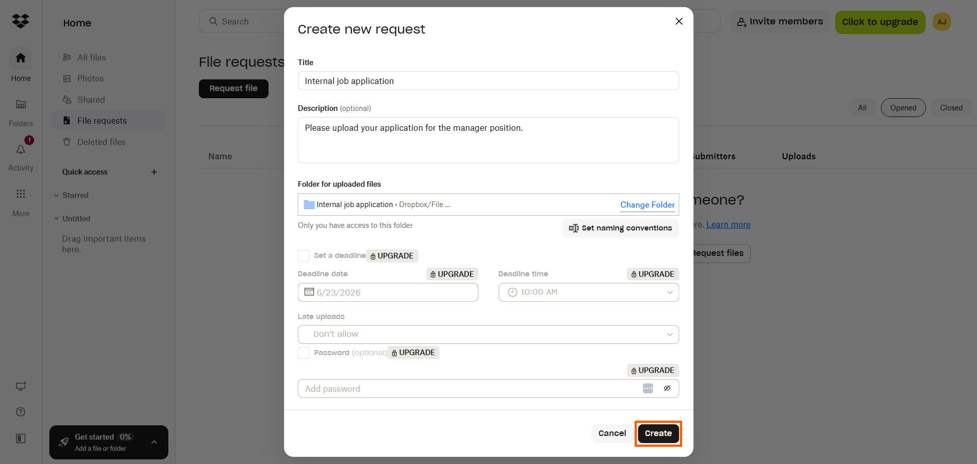 Dropbox Create new request dialog with the Create button highlighted