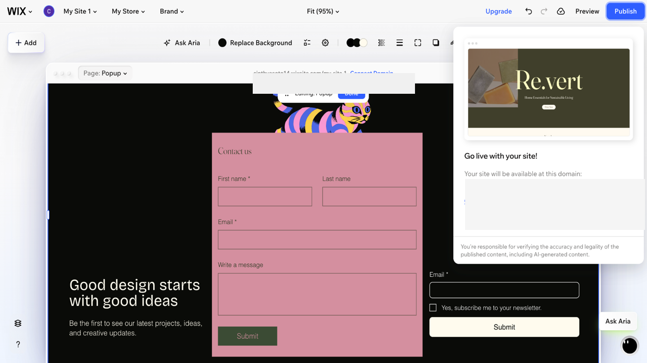 Wix Editor showing a contact form added to a popup with the site preview panel open
