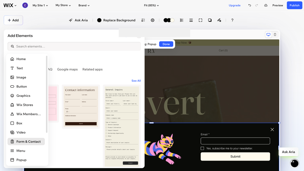 Wix Add Elements panel with form and contact elements for a popup