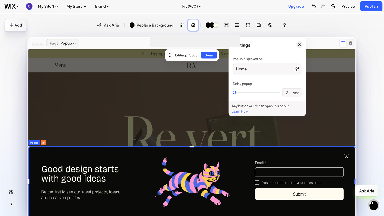 Wix popup settings panel showing display and overlay options