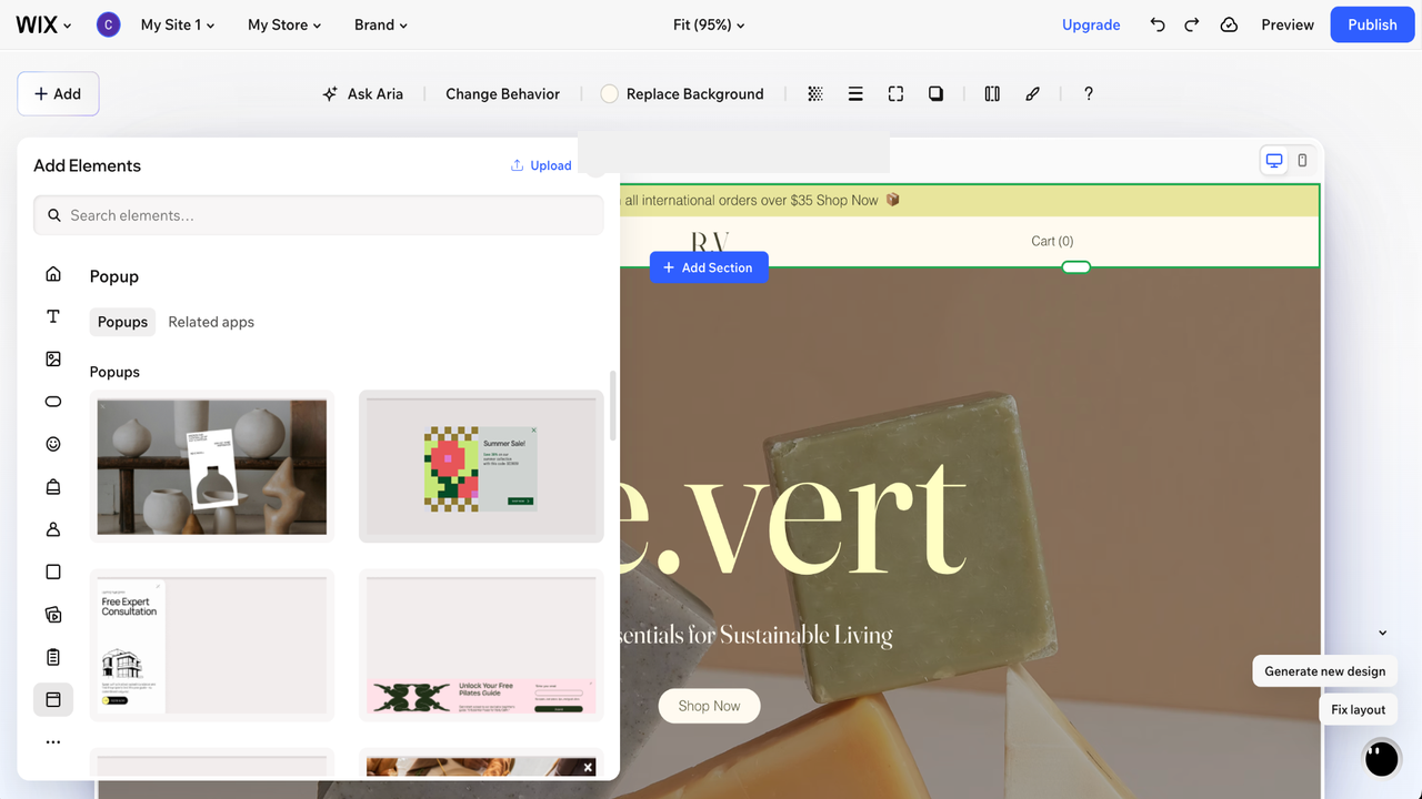Wix Editor Add Elements panel showing popup templates for a website page