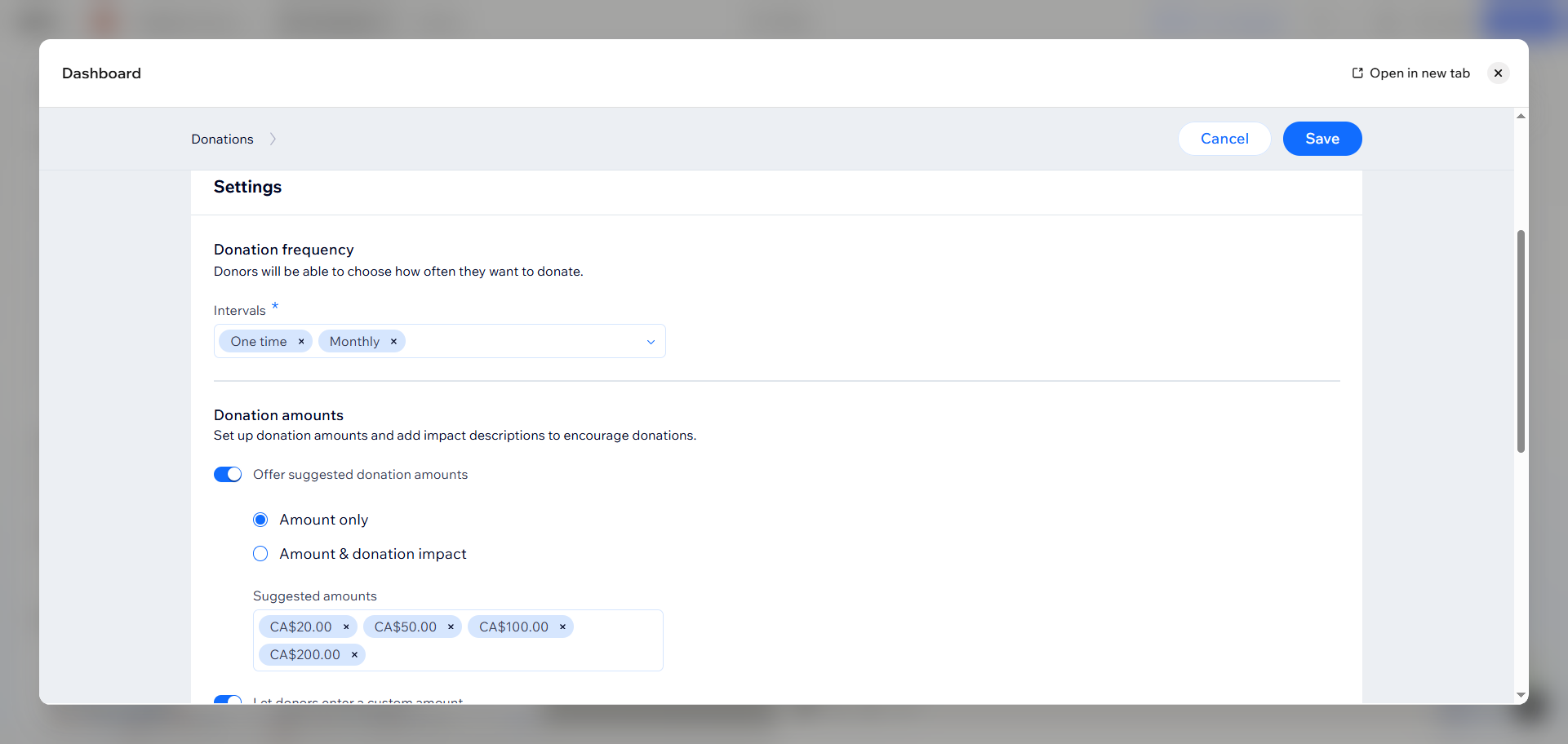 Wix Donations campaign settings page for configuring donation frequency, suggested amounts, and campaign goals