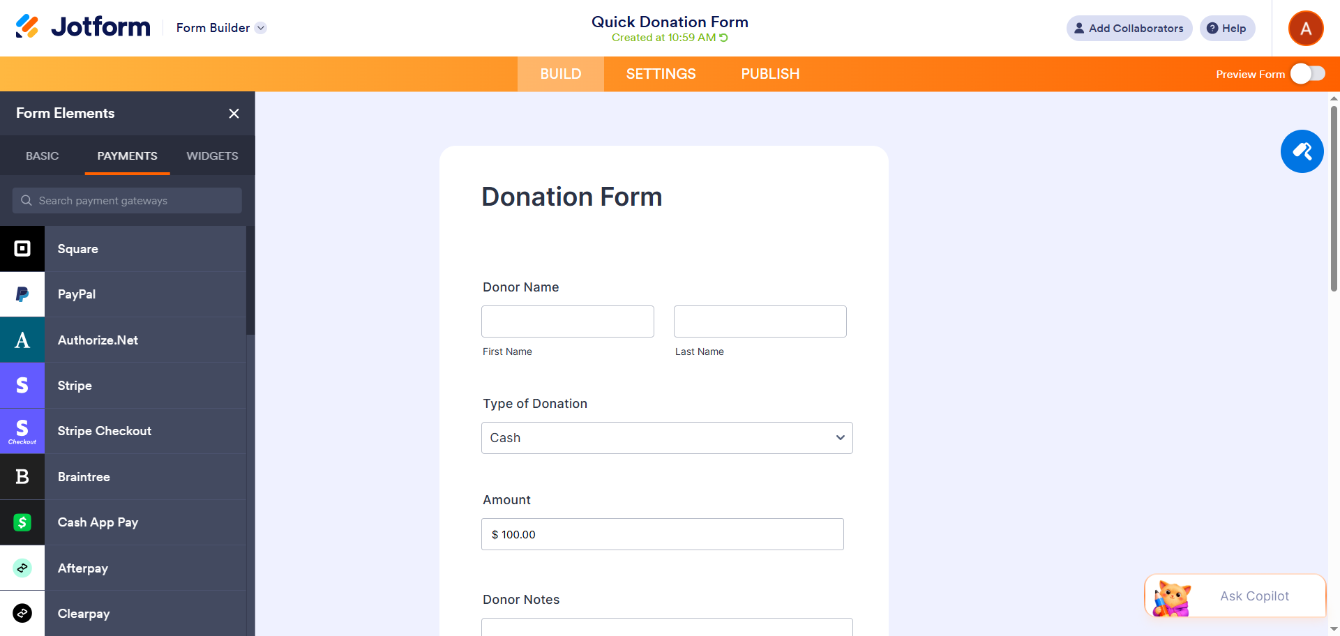 Jotform Form Elements panel open beside a donation form in the Form Builder