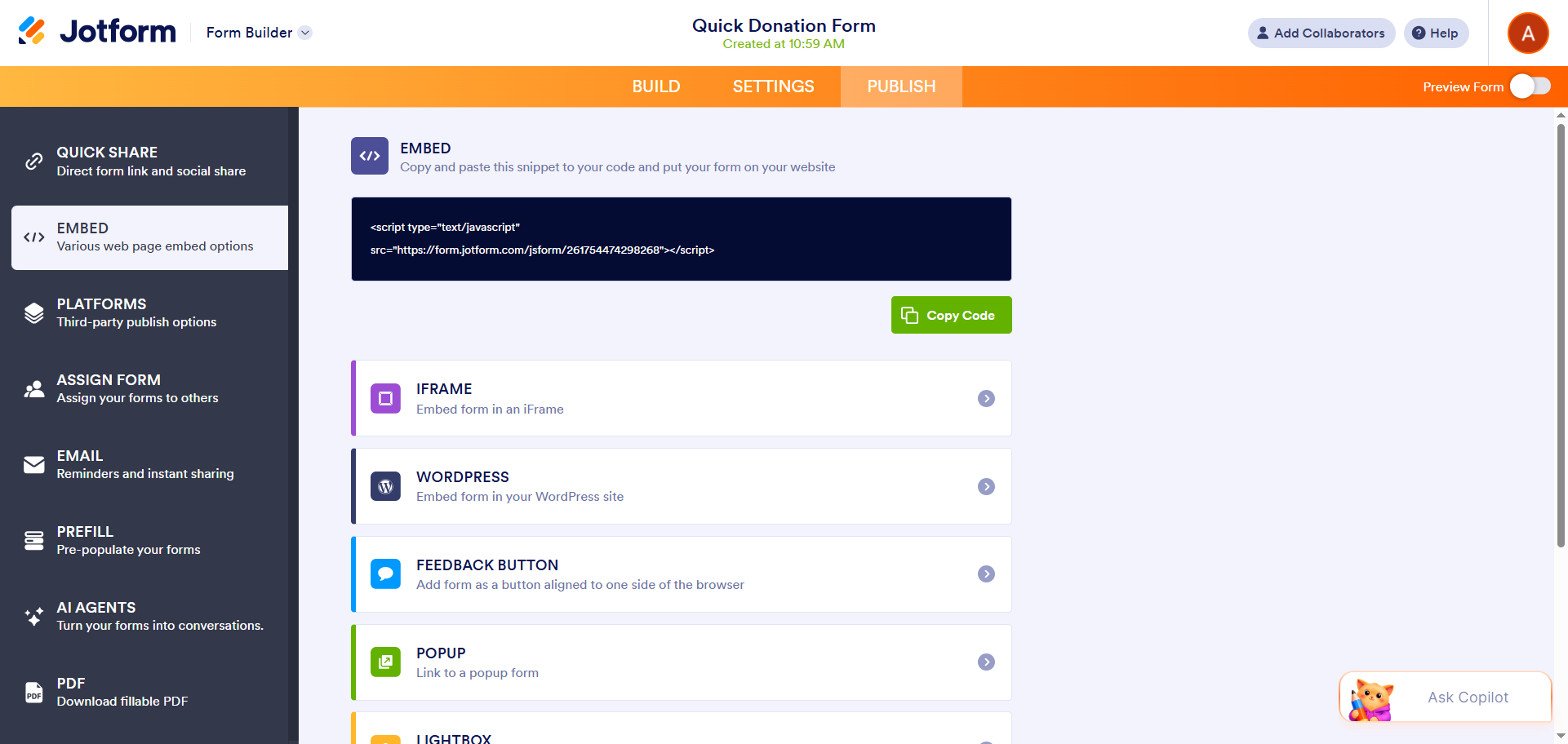 Jotform Publish tab showing the embed code options for adding a donation form to Wix